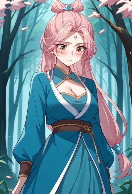 score_9, score_8_up, score_7_up, score_6_up, source_anime, Bairan, Baiblue dress, brown eyes, pink hair, low-tied long hair, hair ornament, forehead mark, cleavage, long sleeves, looking down, shame, blush, arm behind, forest