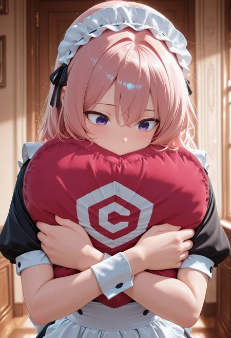 masterpiece, best quality, amazing quality,
1girl, CivChan, purple eyes, pink hair, maid uniform, , hugging ,   <lora:CivChan:1>, hugging blue civitailogo shaped   pillow,   <lora:civitlogoIllustrious:1.2>