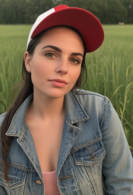 30yo american woman in a wheat field
Small eyes. Brown eyes.
Wearing ripped Denim jacket red hat
no makeup. Clear skin.  realistic skin style
Long dark black slick back hair. No makeup. Dusk, Street light. Looking at camera POV. Slight smile, tilting head.. Tilt head. Hands in head, face, lips.
Medium Close Up shot. Bokeh. Bokeh light.