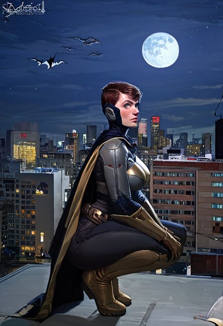 score_9, score_8_up, score_7_up, 1girl, solo, voluptuous, thick thighs, tanlines, arched back, crouching, clothed,  at night, moon, on rooftop, bats flying,
batgirlbg,blue eyes,brown hair,
bodysuit,mask,cape,armor,helmet,serious,looking at viewer,
night, cityscape, Joburg,
solo,<lora:batgirlBGXL-11:1>,
