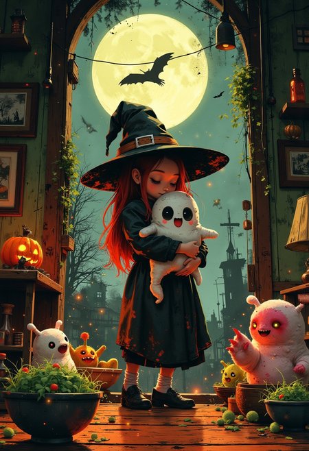 Imagine a whimsical scene featuring a cute witch hugging a cuddly ghost plushie, spirits floating gently through a moonlit room, surrounded by tiny, playful monsters peeking from behind candy bowls. The atmosphere is charming yet slightly eerie, with shadows dancing on the walls.
