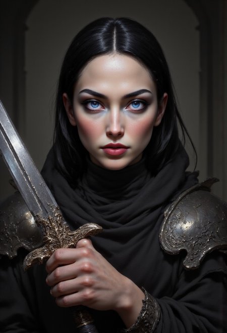 Digital art, photorealistic, half-body portrait, cinematic action shot of a beautiful female warrior holding a sword wearing armor, dungeon background, cinematic realism, high action pose, perfect pupils, insanely detailed faces, correct digits, realistic skin, perfect expressive eyes, perfect pupils, Stunning visuals, Texture, beautiful face features, dynamic, hkstyle, aidmafluxpro1.1, perfection style