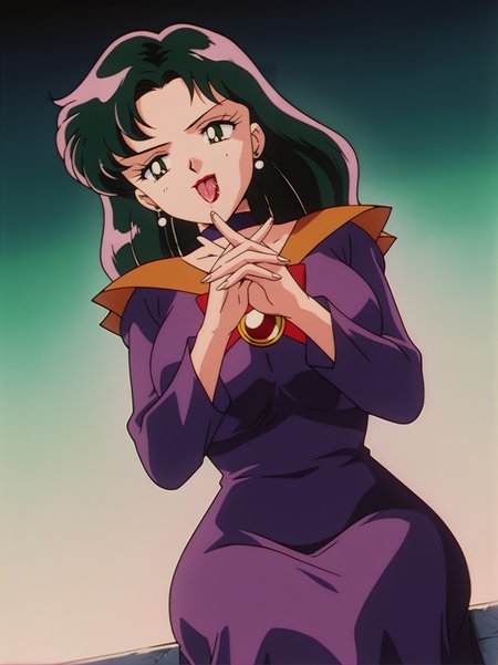 score_9, score_8_up, score_7_up,, screencap, anime coloring, retro artstyle, 
1girl, (EvilQueenXL), green eyes, black coif, cape, long sleeves, purple dress, robe, jewelry, crown, makeup, red lips, large breasts, wide hips,
naughty face, dutch angle, naughty pose, looking at viewer, outdoors, solo, dynamic pose, cowboy shot, head tilt, dark theme, sitting, own hands together, hands between legs, tongue out, saliva, squeezing breast, from below, from side,
 <lora:ASailorTominagaXL_style:1>, SailorMoonXL