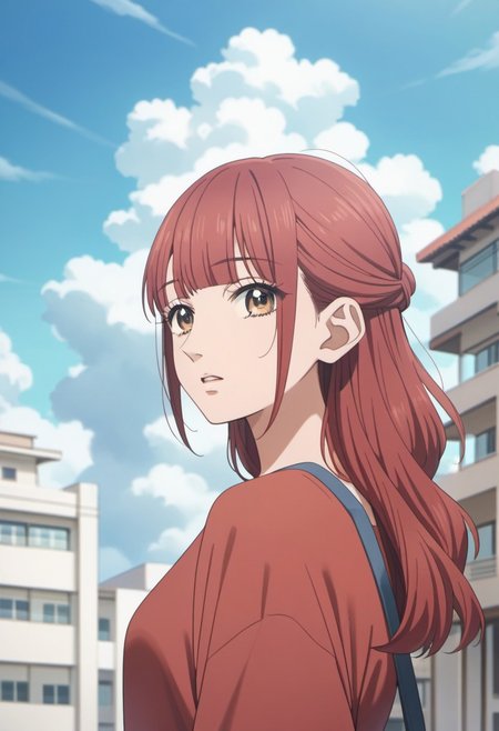 score_9, score_8_up, score_7_up, source_anime, kanno serina, red hair, long hair, brown eyes, 1girl, solo, sky, outdoors, looking at viewer, building, blue sky, cloud, day, parted lips, half updo, blunt bangs