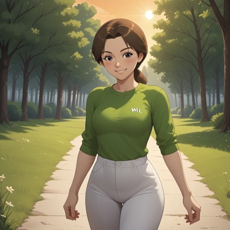score_9, score_8, BREAK, solo, wii, mii, wii sports, 1girl, female mii, brown hair, brown eyebrows, black eyes, blush, light green clothing, white pants, shoes, breasts, nintendo mii, modern_mii, classic_mii, Masako_(Wii_Sports), cute, sexy pose, self portrait, smile, outdoors, sunlight, shadows, evening lighting, natural lighting, forest, trees, grass, orange sky, sunset