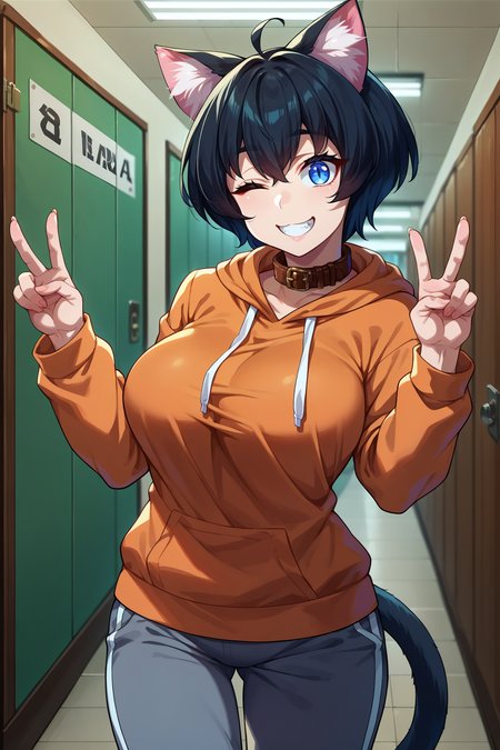 score_9, score_8_up, score_7_up, score_6_up, source_anime, 1girl, solo,  <lora:miria-pdxl-nvwls-v1-000005:1> mra, cat ears, black hair, short hair, blue eyes, collar, large breasts, tail, collar, orange hoodie, track pants, grey pants, smile, peace sign, wink, looking at you, hallway
