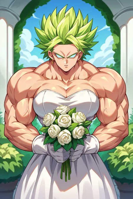 score_9, score_8_up, score_7_up, score_6_up, source_anime, 1girl, solo,  <lora:kale-pdxl-nvwls-v1-000007:1> bskKal, green hair, muscular female, no pupils, earrings, very muscular, wedding dress, white gloves, white dress, serious, clenched hands, garden, large breasts, holding bouquet