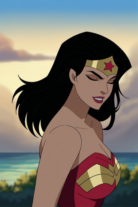 score_9, score_8_up, score_7_up,<lora:Wonder_Woman_JL_PDXL:0.8>, wonder woman, closed eyes, black hair, long hair, red lips, makeup,  large breasts, tiara, strapless leotard, star (symbol), wonder woman outfit looking at viewer, soft smile, face focus, from side, close up, solo, outdoors, day, sky, best quality, high quality