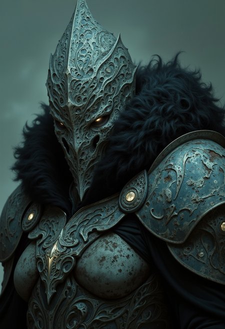 <lora:ck-painterly-fantasy-000017:0.8>, Digital fantasy Art in post-apocalyptic action style: A closeup shot of a grim figure as a witcher wearing power armor. His facial expression is a grimace. He is outfitted in a war-torn suit tinged with fur and dark colors, yet reveals the harsh realities of a post-apocalyptic world. Bleak dark grainy apocalyptic environment.