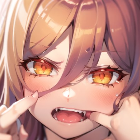 2d, masterpiece, best quality, anime, highly detailed eyes, highly detailed face, highly detailed background, bedroom, pov, pov hands, finger in another's mouth, open mouth, fang, pink hair, slit pupil, glowing eyes, red horns,  corneo_power,<lora:fangInspectionDay_10AOM2:1>  <lora:slitPupilsInpaint_slitPupils:1>
