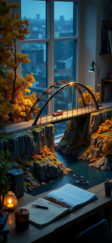 (indoor,very wide isometric view,tilt-shift lens:1.6), (windowless,miniature,miniature,diorama,miniature,diorama,PVC,plastic:2),starry night autumn ,grand_canyon,steel arch truss bridge,road,tunnel at (floating island,levitating  island:1.5) on (table:2) at (study:2.5)   <lora:Diorama_Flux:1>