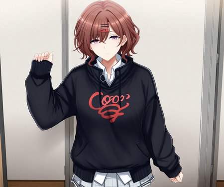 masterpiece, best quality, amazing quality, sfw, 1girl, solo, looking at viewer, 
higuchi madoka, brown hair, short hair, wavy hair, hair ornament, hairclip, purple eyes, (mole under eye:0.8), white shirt, collared shirt, hood, sweater, open cardigan, black sweater, long sleeves, plaid skirt, skirt, grey skirt, pleated skirt , <lora:Poshi style ILL-v2:1> poshi_style