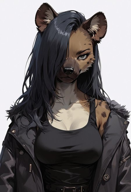 score_9, score_8_up, score_7_up, high detailed, high quality, masterpiece,
no text, quality highlights, 8k detail, source_anime, dynamic view, hentai,
ultra-detailed,
...
1girl, solo, ((furry girl)), ((furry hyena girl)),
female focus, expressiveh, long hair,
black eyes, (perfect slender body),
(medium breasts), hair over one eye,
(incredibly sexy), collarbone,
...
closed mouth, eyes wide, looking at viewer,
posing, focus on face,
standing, ((upper body)),
((black winter coat)), furr coat,
((black tank top)), side view,
((black latex mini skirt)), 
...
(((white background)))