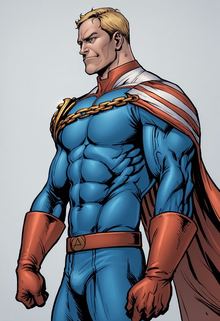 score_9, score_8_up, score_7_up, score_6_up, score_5_up, score_4_up1, 1boy, <lora:HomelanderComics:0.85> solo, blonde hair, blue eyes, abs, muscular, muscular male, muscular arms, muscular legs, superhero, cape, chain, bodysuit, gloves, belt, from side, smirk, 
(light blue background), simple background,