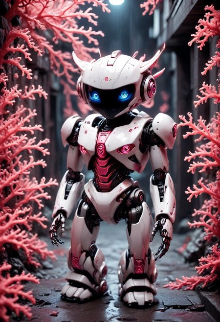 masterpiece, one-person solo, Dark-Fantasy-page Jed-rbt, robot cute-robot made-out-of-coral, (dark:1.1) outdoors alley (shadows) (dark-atmosphere) ominous eerie
