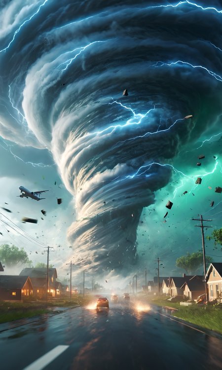 a giant tornado destroying a small town, wet road,   thunder, lightning, epic, powerful, masterpiece, trending on artstation, best quality,  clouds, vortex, green sky, stylized, unreal engine, rtx on, swirling, otherworldly,  destruction, flying debris, eye of the storm, twister,  cars in the air, houses  sucked into the air, intricate, detail, in motion, airplane, power lines,