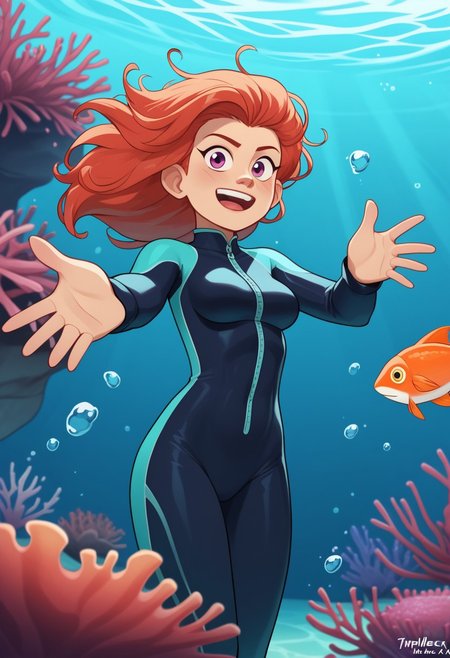 score_9, score_8, score_7, score_6,
triplevexx, solo,
Character Description: A young woman with bright coral hair and a playful smile.
Outfit: A sleek, form-fitting wetsuit with fins and a diving mask.
Action: She is swimming with dolphins, reaching out to touch one.
Background: A vibrant coral reef teeming with colorful fish and marine life.