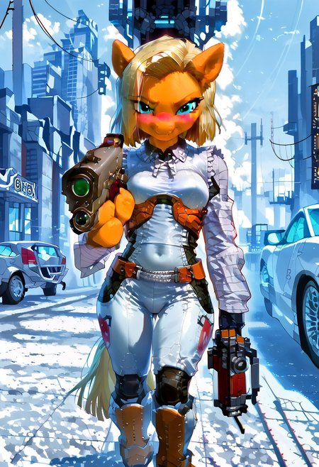 score_9,score_8_up,score_7_up,source_anime, 1girl combinestyle , highres, high quality, perfection, masterpiece, detailed, holding weapon, handgun, holding gun, aiming at viewer, revolver, finger on trigger, aiming at viewer, revolver, finger on trigger ,science fiction, looking at viewer,
1girl, solo, (((front view))), , (((master piece:1.2))),(((best quality:1.2))),(((ultra detailed))),(((1girl))),(((intricate))),(((anime screencap))),(((very aesthetic:1.2))),((( Cite 17 background))),(((absudres:1.2))),(((embroidered))),(((scenery))),((extremely detailed CG)),(dynamic angle:1.4),vensu bdy woman in sci fi outfit standing on deserted street holding gravity gun, (((pony head:1.5)))
BREAK,
half life (series), (android 18 reimagined as a scientist in hev suit from half life 2),breasts, 1girl, blonde_hair, blue_eyes, (dynamic pose:1.4), Cite 17 background,  (((pony head:1.5))),smile, solo, looking_at_viewer, detailled_background, blonde android 18_hair, blush, boots, gloves, standing, cowboy_shot, hev armor style, holding a crowbar, weapon, solo focus, holding, outdoors, covered navel, hev suit bodysuit
BREAK;
(intricate details:1.12), (intricate details, hyperdetailed:1.15), hdr, dystopian sci-fi city, (at day:1.2), cinematic, half life aesthetic, science aesthetic, ominous background, bimbo atmosphere, lustful atmosphere, gray and pastel theme, city background, ground vehicle, motor vehicle, car, building, electric cable, camera, sfw