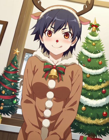 score_9, score_8_up, score_7_up, source_anime, <lora:suruga-kanbaru-offmonster-ponyxl-lora-nochekaiser:1>, suruga kanbaru, kanbaru suruga, short hair, black hair, brown eyes, medium breasts, anime screencap, <lora:reindeer-costume-ponyxl-lora-nochekaiser:1>, reindeer costume, animal costume, reindeer antlers, antlers, fake antlers, reindeer hood, christmas, red nose, deer ears, deer tail, christmas tree, bell, horns, reindeer,, blush, smile, tongue out, looking at viewer,, , dutch angle, cowboy shot