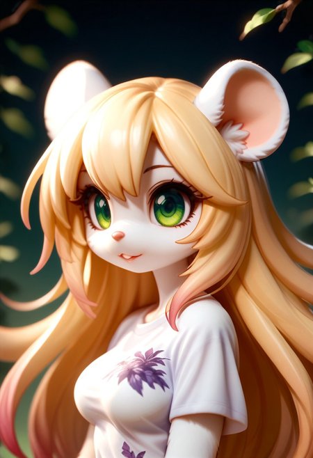 score_9, score_8_up, score_7_up, source_furry, FMW1, fluffy, painterly, vibrant details, outdoors, park,, Chloe, 1girl, solo, (medium breasts:2), (long hair, blonde hair, gradient hair:2), animal ears, (green eyes, gradient eyes:1.5), furry female, mouse ears, mouse girl, mouse tail, body fur ,white fur, bangs, animal nose, buck teeth, 
upper body, headshot, long eyelashes, wide smile, parted lips, 
(lace trim, violet print t-shirt:1.5), hands on hip, looking at viewer, kftenhance,