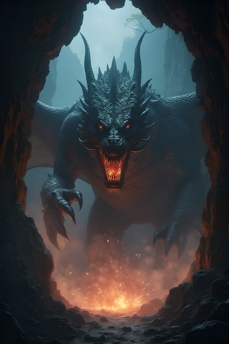 A dark, foreboding cave entrance frames the towering dragon, Fireworks seep out from the scales of the dragon, wickedness, 
The dragon massive, imposing figure looms large, illuminated by a faint, eerie glow emanating from the depths of the cave. Its eyes burn with an inner fire as it raises its Claw, ready to strike, against the dark, misty background.