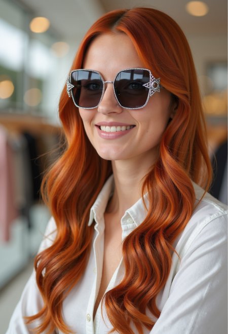 clo035, head shot of a mexican woman, wearing a Christian Dior sunglasses with a metal frame and black lenses. The sunglasses have a star-shaped design. white shirt, red long hair, looking in the camera, smiling, in a fashion store