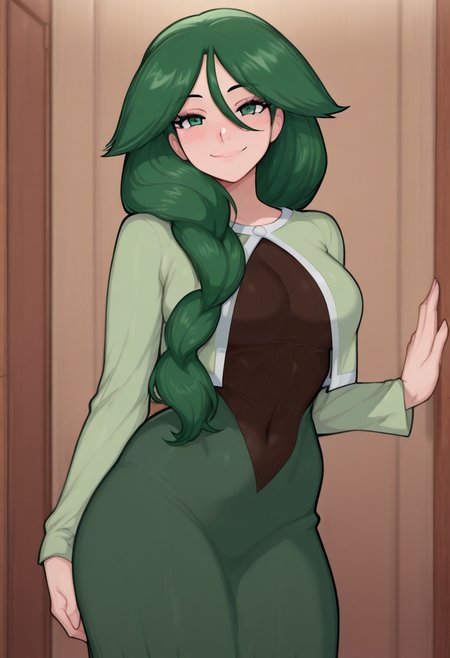 (masterpiece, best quality, good quality, very aesthetic, absurdres, newest:1.2),  zzCheryl, green eyes, single braid, hair over shoulder, green jacket, long dress,  ,<lora:CherylPokemon_IXL_v2:1.0>,, smile, looking at viewer, cowboy shot,  ,<lora:AfrobullNAI:1.0>,