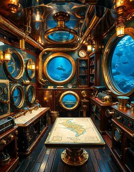 A stunning and intricate view of the interior of the Nautilus submarine, inspired by Jules Verneâs steampunk aesthetic. The room is a mix of Victorian elegance and advanced 19th-century marine engineering. The walls are lined with riveted brass and copper pipes, with intricate pressure gauges and mechanical levers. A massive, round glass porthole offers a breathtaking underwater view of deep-sea creatures swimming in the dark abyss. The warm glow of antique oil lamps and gaslights illuminates the space, casting soft golden reflections on the polished mahogany furniture and ornate brass railings. A large wooden desk is covered with old nautical charts, compasses, and a logbook filled with Captain Nemoâs notes. In the background, a library with leather-bound books and scientific instruments is neatly arranged on wooden shelves, emphasizing the scholarly and adventurous nature of the vessel. The ambiance is a perfect fusion of mystery, science fiction, and vintage maritime beauty, evoking a sense of wonder and deep-sea exploration.<lora:SDXLFaeTastic2400:0.4> <lora:extremely_detailed:0.4> extremely detailed, <lora:Nautilus_subm4r1n3:1>,Nautilus subm4r1n3, Masterpiece,best quality,hi res,8k,hi res,8k,award winning,(sharp focus, intricate, highly detailed),