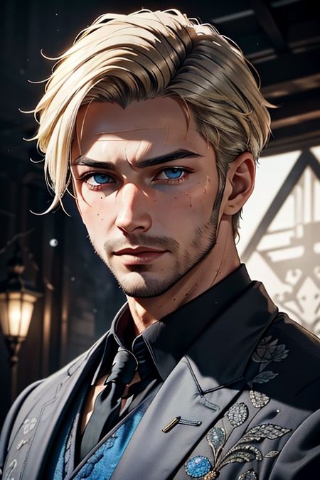 Master piece, highest quality, highest possible OverallDetail, semirealistic,  blue eyes,
Create an elder of a cultivator sect.
The character looks like he is in his late twenties or early thirties. He is handsome.
He has blond styled hair. 
His eyes are blue. Detailed face.