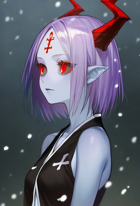artist:gomzi,artist:wanke,artist:diyokama, rei_(sanbonzakura),[[artist:fuzichoco]],year 2023, 
1girl, solo,
spica \(higyaku no noel\), purple hair, red eyes, grey sclera, red horns, pointy ears, short hair, forehead mark, forehead, blue skin, colored skin,
black dress, sleeveless dress, inverted cross, pelvic curtain
upper body, snowing, wild, storm,
<lora:ntmf_majorcharacters.ilxl:1>