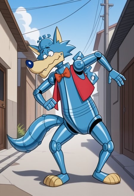 masterpiece,best quality,amazing quality, 1boy, solo, WUw0lf, robot wolf, black eyes, red vest, red bow, winding key, tail, full body, outdoors,