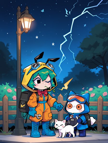 masterpiece, best quality, good quality, very aesthetic, absurdres, newest, 1girl, animal, backpack, bag, bee, black bag, black eyes, blue-framed eyewear, blue footwear, blue gloves, blush stickers, boots, bow, bowtie, bug, bush, cable, cat, chibi, cloak, clothed animal, collared jumpsuit, cross-laced footwear, ear covers, earrings, fence, fingernails, flower, gloves, goggles, goggles on head, green hair, holding, holding wrench, hood, hood up, hooded cloak, jewelry, jumpsuit, lamppost, lightning bolt symbol, long sleeves, looking at another, mouth hold, night, night sky, no mouth, one eye closed, orange-tinted eyewear, orange jumpsuit, outdoors, pink flower, pink rose, red bow, red bowtie, repairing, rose, short hair, sky, solid circle eyes, stalk in mouth, standing, star (sky), starry sky, tinted eyewear, tree, white cat, wrench, yellow cloak, <lora:ponyv5_noobE11_1_adamW-000013:0.7> <lora:MeMaXL4:0.3> <lora:namukijpg_ill:1>