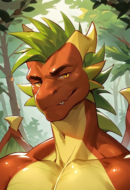score_9, score_8_up, score_7_up, score_6_up, score_5_up, source_furry, solo, looking at viewer, 
male, dragon, anthro, male, red skin, yellow underbelly, green spiked hair, thick tail, forest
