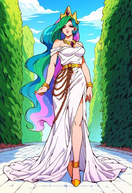 score_9, score_8_up, score_7_up, score_6_up, score_5_up, beautiful color, 
aesthetic, 2d, ARTSTYLE_DragonBallZ_ownwaifu
fullbody shot, celestiabishoujo, princess celestia, 1girl, solo, fair skin, rainbow hair, long hair, pink eyes, white floor length dress, gold crown, gold necklace, gold belt chain, gold high heels, outdoors, parking lot, day