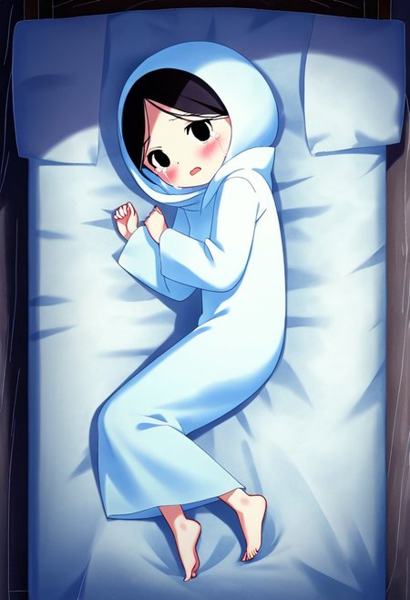 zPDXL3, source_cartoon, Perfect Hands, full body,
1girl, solo, bedroom, looking at viewer, saoirse, black hair, black eyes, blush, ghost, hood up, robe, barefoot, glowing, lying on bed, from above, lying on side, facing at viewer, feeling cold, eyes open, crying sadly, open mouth, sleeve past wrist, slim body, long body, highlight cloth wrinkle, anime style,
<lora:Perfect Hands:1>  <lora:Saoirse_-_The_Song_of_the_Sea-000009:1>