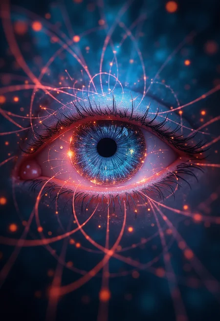 quantum entanglement, dystopian future, parallel world, a thin veil, 3rd eye, eye focus, sharp, detailed, vibrant, glow, bokeh, fiber optics, 8k