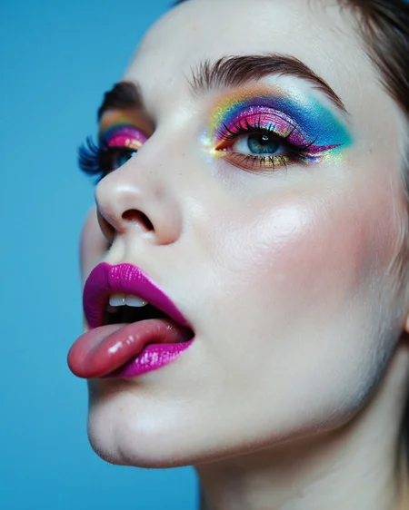 A striking forced perspective from front of a woman’s face, wearing a sky blue baret. pale skin. Her eyelids are covered in rainbow color magenta glittery makeup that accentuates her long eyelashes, while her lips stand out in a glossy vibrant magenta, she is playfully sticking her tongue out
. The image is minimalist yet visually intense,  evoking a sense of modern art and surreal beauty, she is looking at the viewer
RAW photo, masterpiece, photorealistic, 8k, best quality, stunning eyes, detailed iris, skin detail, skin pores, blemishes