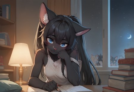 A very thin, petite 19-year-old black furry anthro catgirl with black fur all over her body, with white fur on her chest and belly, blue eyes with cat's slit irises, sitting at a desk in her cozy dorm room. Sheâs wearing casual workout pants and a simple t-shirt as she leans over a notebook, deep in thought, with a pencil in her hand. Her long black hair is tied back in a loose ponytail. A soft, warm glow from a desk lamp lights up the room, casting gentle shadows across the scene. Beside her is a large window, showing the night sky. The room is cluttered with books and study materials, creating a relaxed and focused atmosphere, much like the iconic lo-fi girl
