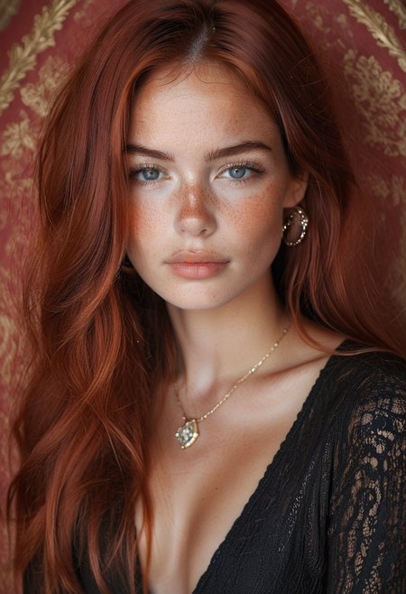 Realistic photo of Beautiful, sexy, young influencer woman, core_9, score_8_up, score_7_up, photorealistic side portrait of a stunning and cute girl, slim and tall, , red hair, big perky breasts, lots of freckles, long hair, Top and a matching mesh skirt, long sleeves, diamonds earrings, plunging neckline, long gem pendant between breast), medium round breasts, perfect breast, erected nipples , cleavage, French palace background, daytime, colorful luxurious background , standing, serious look, detailed background, three quarter shot picture,
 best quality, highly detailed, comic style, graphic novel style, sharp lines, hires, zstyle, (western comics \(style\):1.1), hatching \(texture\, zPDXL, Mr_Monster_Possitive, <lora:Expressive_H:0.5>,