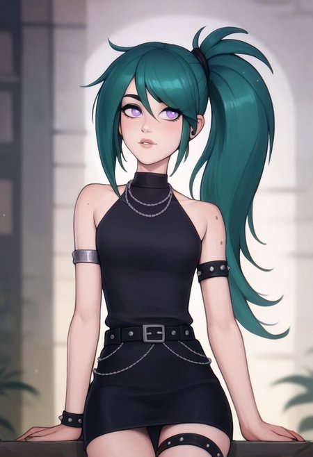 score_9, score_8_up, score_7_up, score_6_up, PRSNL_3_1, uncensored, pupils black dots, lips,
upper body, 
UbelSSnF
green hair, side ponytail, purple eyes
black dress, halterneck, sleeveless, short dress, black belt, armlet, arm strap, single glove, thigh strap