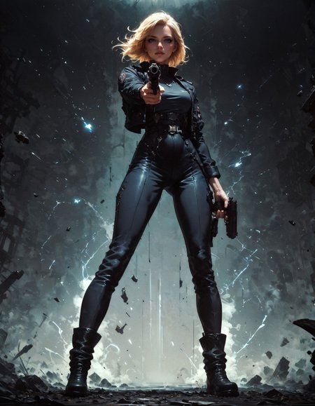 score_9, score_8_up, score_7_up, score_6_up, score_5_up, score_4_up,  1girl, full body, standing, legs apart, black pants, black shoes, holding gun, aiming, aiming at viewer, finger on trigger, two handed, FBI agent, blonde hair, short hair, posing, female focus, black suit, black uniform, solo, perfect female body, perfect eyes, posing for magazine, shiny skin