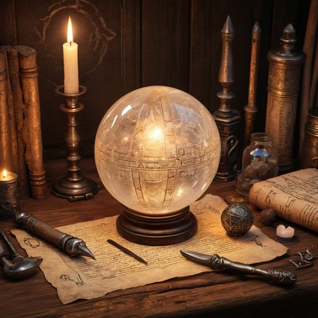 A crystal orb resting on a wooden table, surrounded by aged scrolls and alchemy tools, illuminated by candlelight, detailed texture