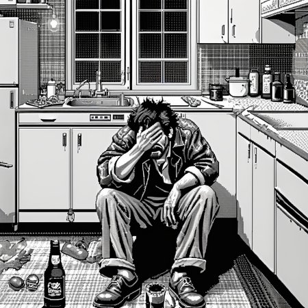 <lora:Macpaint-XL-000015:1>, Macpaint, black and white pixel image of drunk hobo crying in an 80s kitchen, pixel art, best quality, 80s, minimalist,
