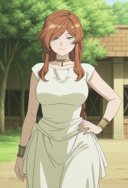 1girl,solo,Flamme,mature female,long hair,brown hair,green eyes,anime coloring,
white dress,cowboy shot, hand on own hip, wide hips, looking at viewer, outdoors, smile, 
,masterpiece,best quality,amazing quality,<lora:Flamme-Sousou_no_Frieren:0.8>