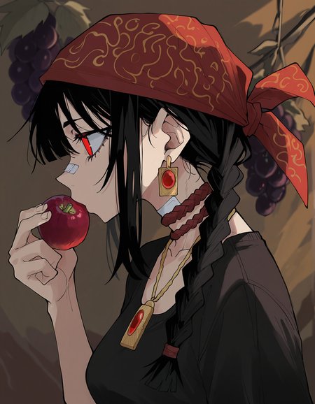 masterpiece,  best quality, newest, highres, absurdres, <lora:wamiarts_style-000018:1>,wamiarts_illu,dynamic pose,jewelry, earrings, solo, fruit, food, bandaid, braid, profile, grapes, bandana, 1girl, red eyes, holding fruit, bandaid on face, holding food, black hair, holding, necklace, from side, red bandana,dark_theme,foreshortening, depth of field,abstract background,