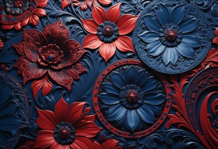photo of a paisley pattern, official art, aesthetic, dynamic angle, hyper detailed, order and chaos, dark colors, (extremely detailed, intricate details, masterpiece, best quality, 8k wallpaper:1.4), dramatic lighting, (dark blue and madder red palette:1.2), boteh, paisley, navy blue, madder red, almond