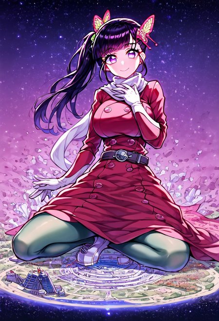 gorgeous lips, cinematic, (masterpiece), (best quality), (ultra-detailed), very aesthetic, perfect composition, intricate details, absurdres, detailed face, (anime, masterpiece, intricate:1.3), (best quality, hires textures, high detail:1.2), score_9, score_8_up, score_7_up, source_anime, 1girl, kanao tsuyuri, black hair, pink highlights, butterfly, butterfly hair ornament, purple eyes, long hair, side ponytail, ponytail, eyelashes, hair ornament, scarf, dress, red dress, long sleeves, buttons, gloves, white gloves, belt, pantyhose, green pantyhose, laced heels, white footwear, skirt, flower patterns, alternate_costume, enormous breasts, facial expression, kind, soft eyes, head tilt, slightly smiling, closed mouth, hand on breasts, goddess, planet size, giantess, growing even bigger, small planet, sitting on the floor, floating object, gradient eyes, beautiful detailed eyes, cityscape background, city, building, skyscrapers, surrounded by tall skyscrapers, holding planet, (masterpiece:1.4), (best quality:1.4), (ultra-detailed:1.2), gl0w, glow,