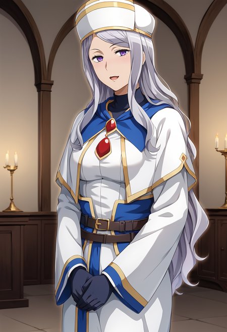 Amid_Teasanare, silver hair, long hair, purple eyes, white hat, white robe, priestess robe, large sleeves, belt, black gloves BREAK  indoors, medieval, ballroom, BREAK looking at viewer, sexy face, sexy smile, open mouth, cowboy shot  BREAK score_9, score_8_up, score_7_up, source_anime ,zPDXL, perfect hand, <lora:Amid_Teasanare:0.8>