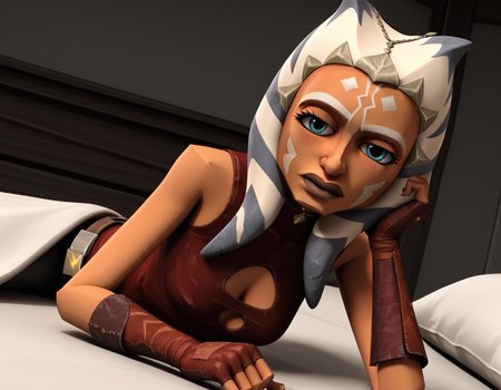 score_9, score_8_up, score_7_up, source_anime, <lora:clonewars-ahsoka-tano-ponyxl-lora-nochekaiser:1>, ahsoka tano, long hair, blue eyes, lips, colored skin, facial mark, tentacle hair, alien, orange skin, 3d, realistic,, gloves, bare shoulders, belt, sword, fingerless gloves, clothing cutout, tattoo, cleavage cutout,, indoors, bed, bed room, on side, blush, drunk, looking at viewer, solo,, cowboy shot, dutch angle
