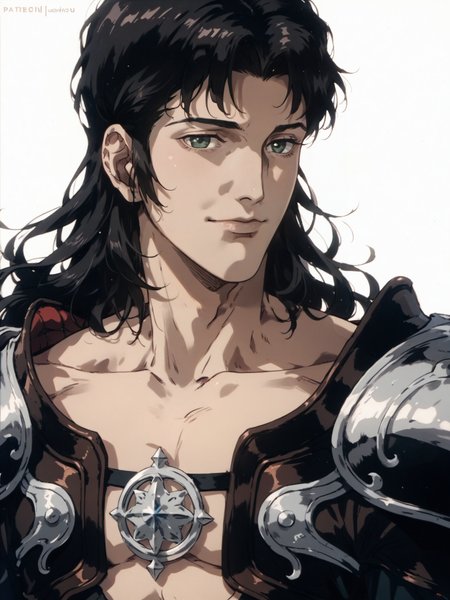 1boy armor black_hair chest_strap closed_mouth collarbone green_eyes grey_hair lips long_hair male_focus parted_bangs shoulder_armor smile solo twitter_username white_background, <lora:ScrollD:0.8>, score_9, score_8_up, score_7_up, zPDXL3